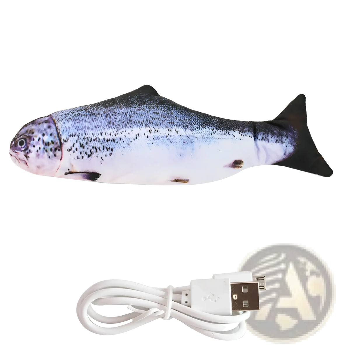 Interactive electric fish cat toy usb rechargeable plush with realistic silver and white trout scales and black fins