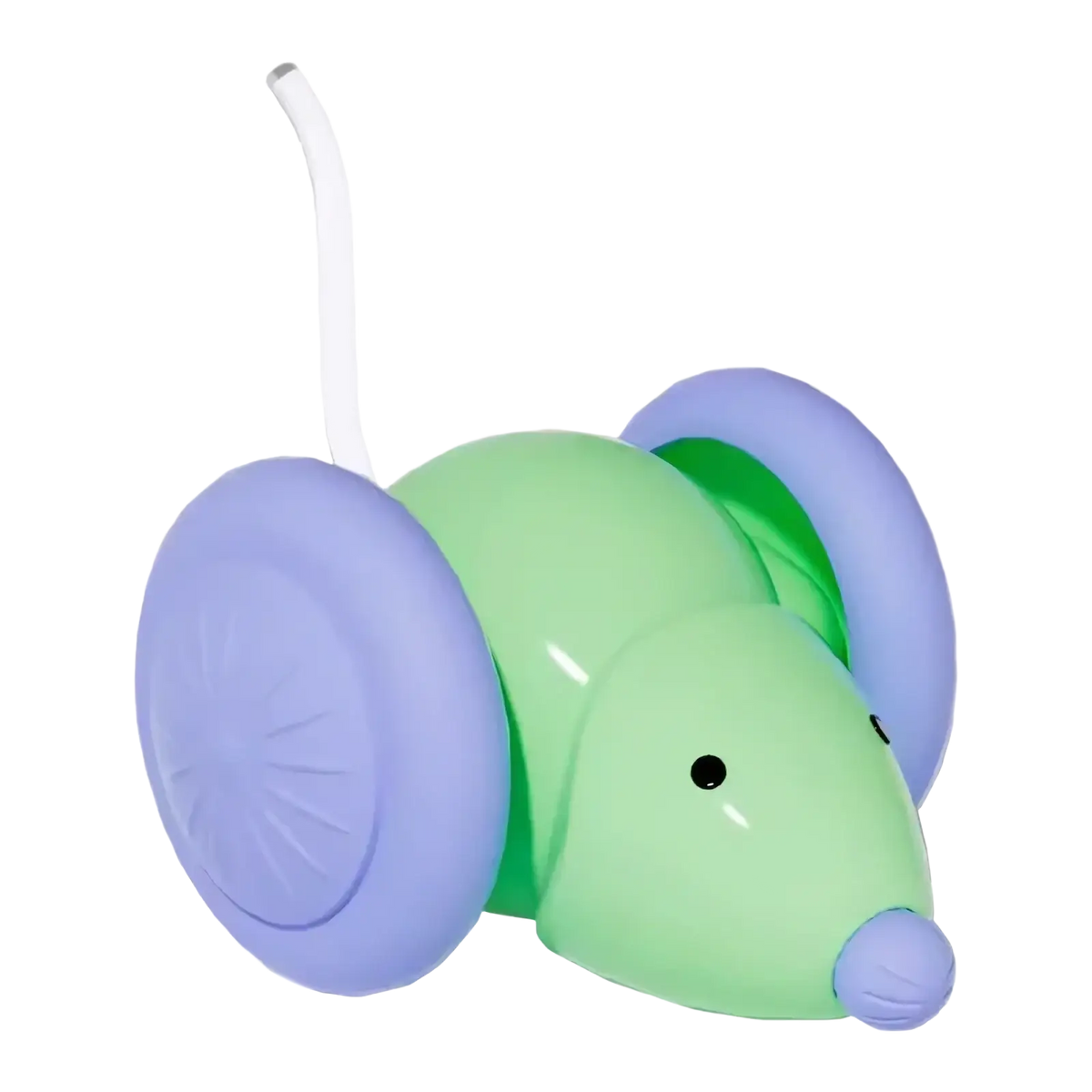 Interactive electric mouse cat toy in green plastic with purple wheels and white tail for pet entertainment