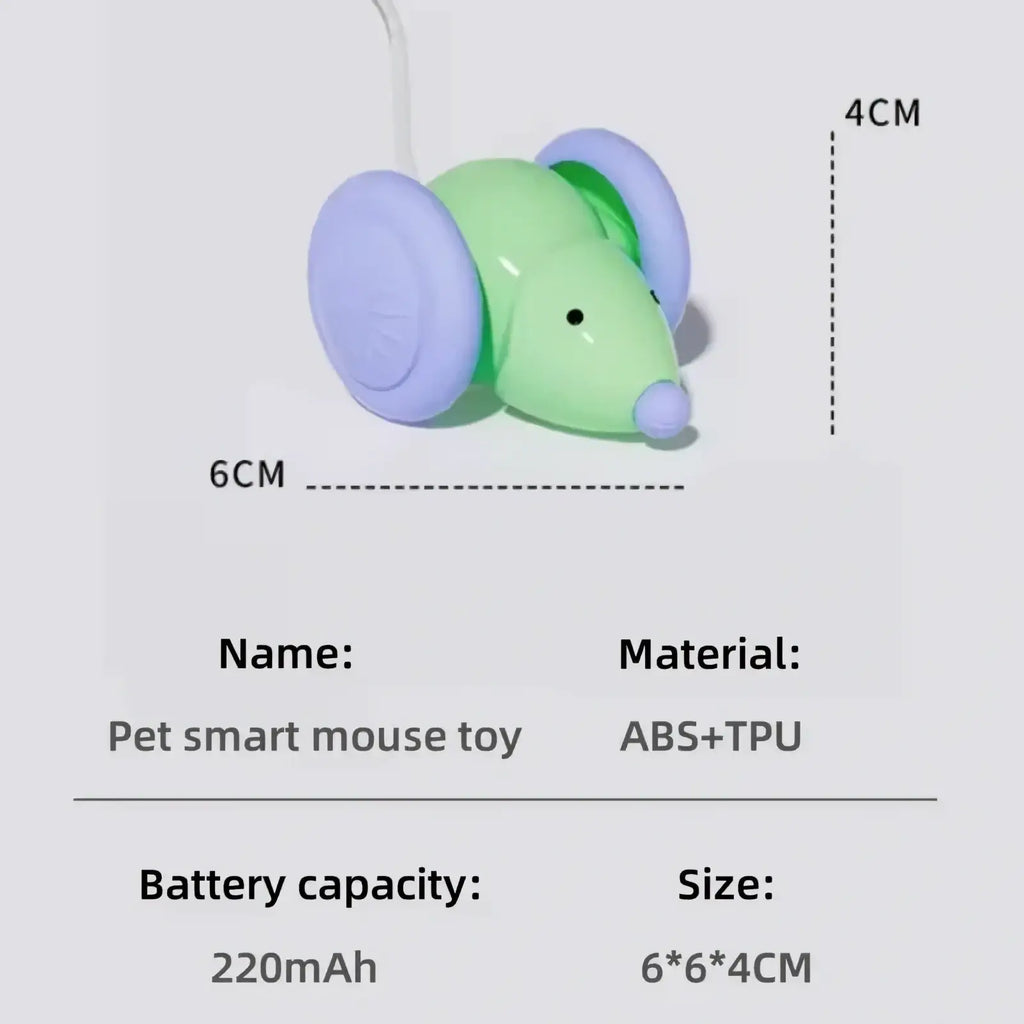 Interactive electric mouse cat toy made of green and purple plastic with round wheels for automatic pet play