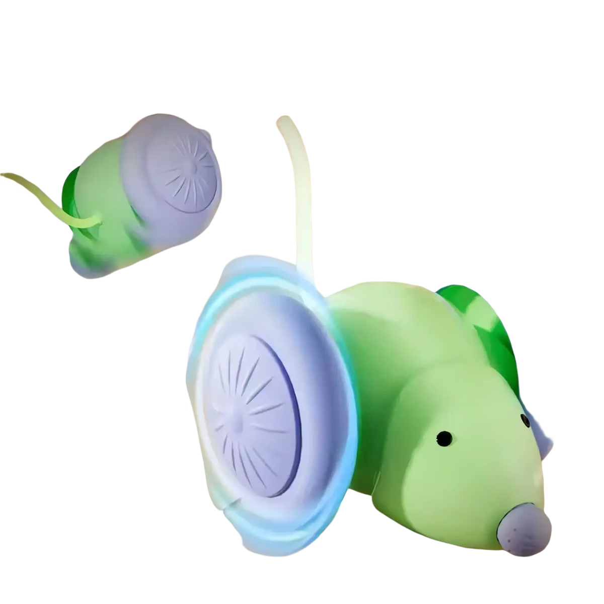 Interactive electric mouse cat toy with green and purple plastic body and large self-righting wheels