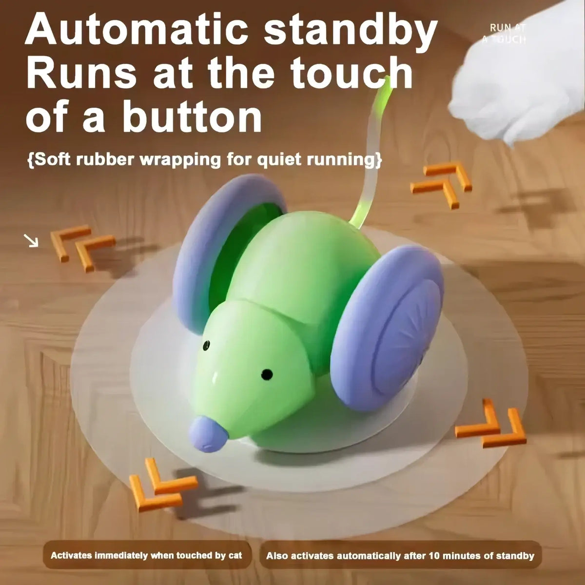 Interactive electric mouse cat toy with green and purple body and soft rubber wheels for automatic pet play