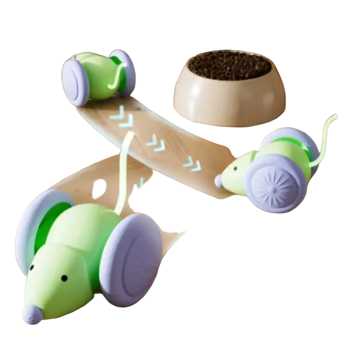 Interactive electric mouse cat toy with green and purple robotic mice on wheels designed for automatic pet play