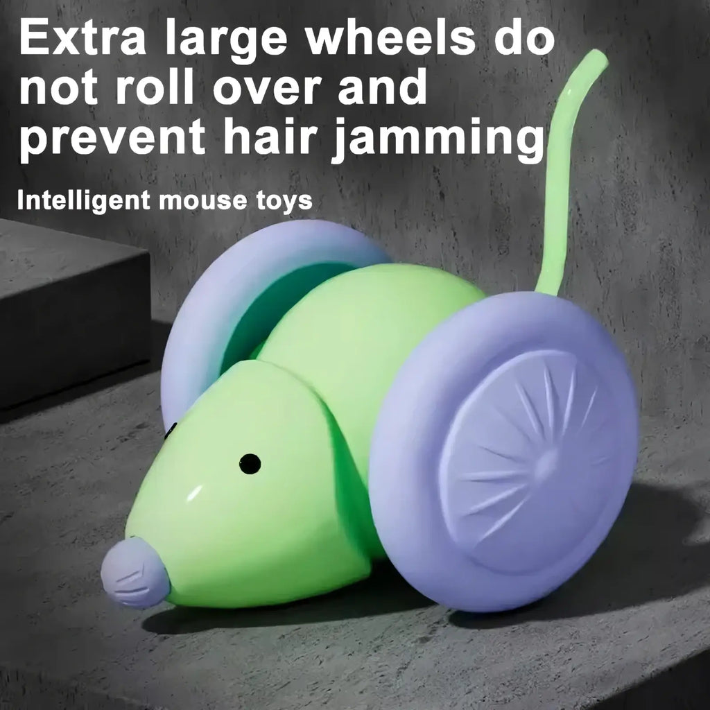 Interactive electric mouse cat toy in lime green and lavender plastic with large non-rolling wheels to prevent hair jamming