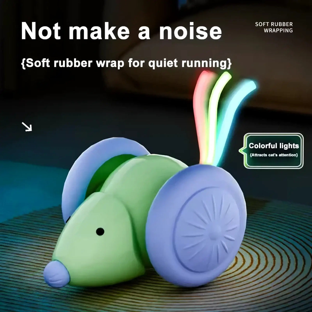 Interactive electric mouse cat toy made of soft green and purple rubber with colorful led lights on its tail