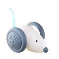 Interactive electric mouse cat toy made of white and gray plastic with a blue glowing tail for pet entertainment