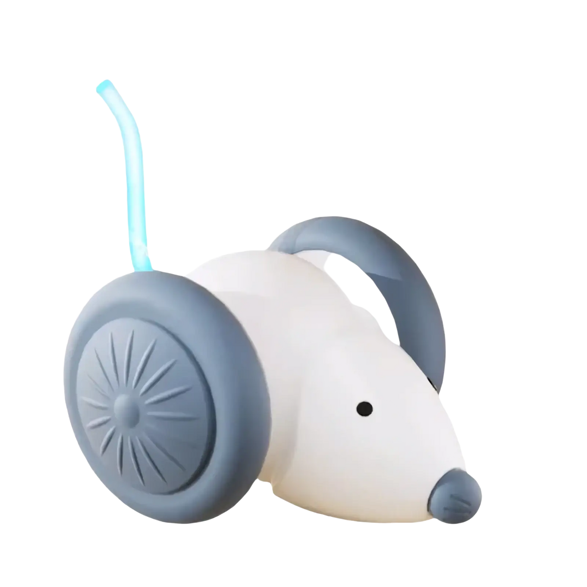 Interactive electric mouse cat toy made of white and gray plastic with a blue glowing tail for pet entertainment