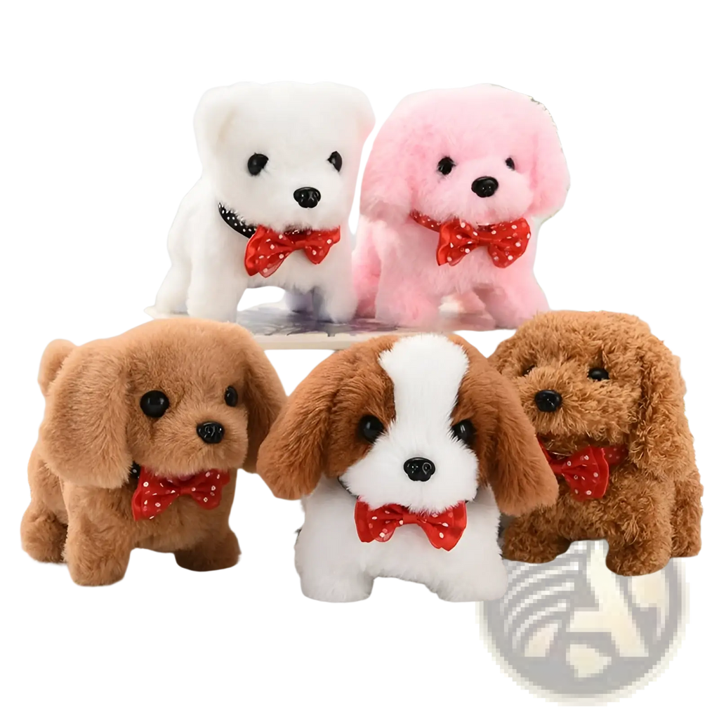 Interactive electric plush dog toy for children in soft white pink and brown fur with red polka-dot bow ties