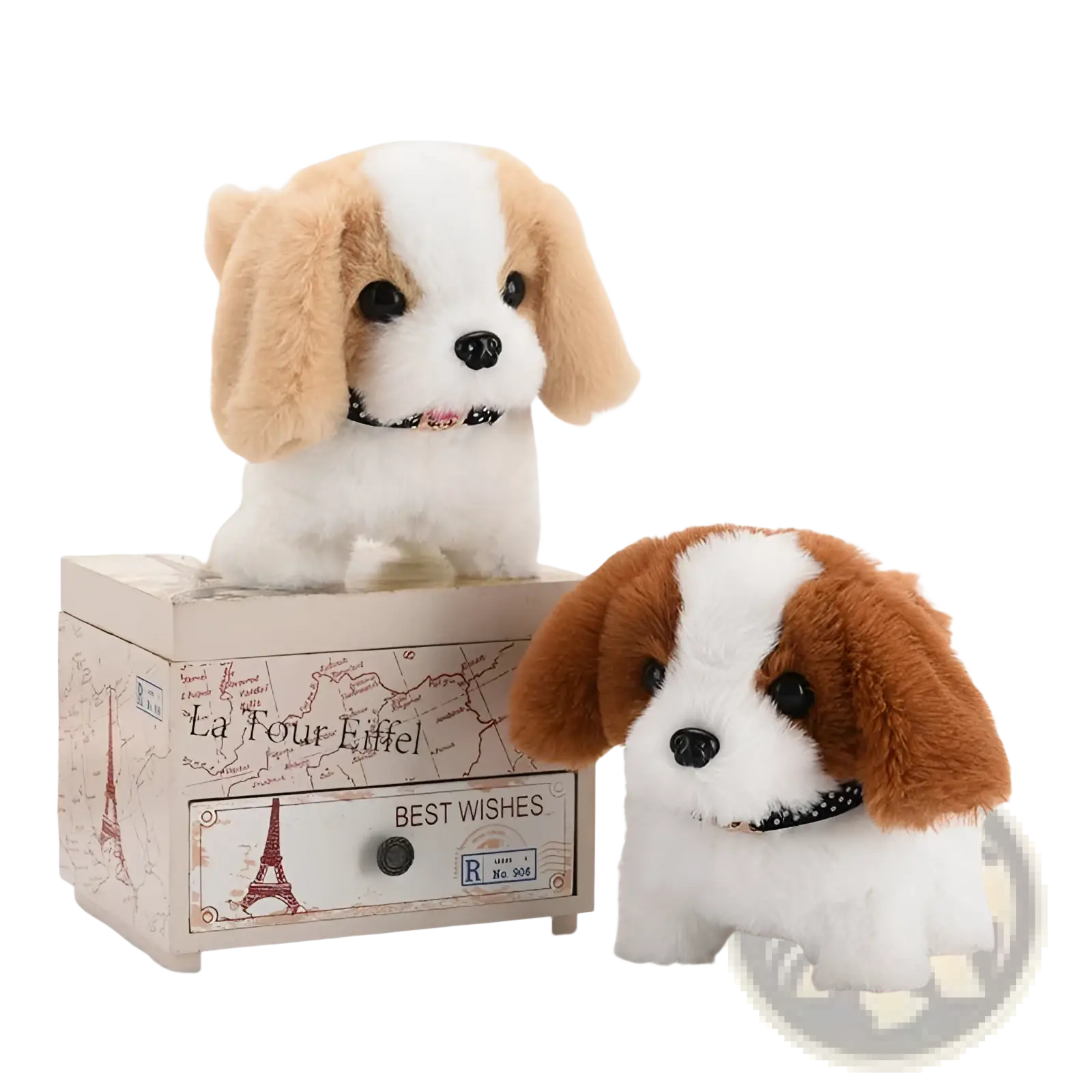 Cute plush cavalier king charles spaniel interactive electric dog toy with soft white and tan fur and black dotted collar
