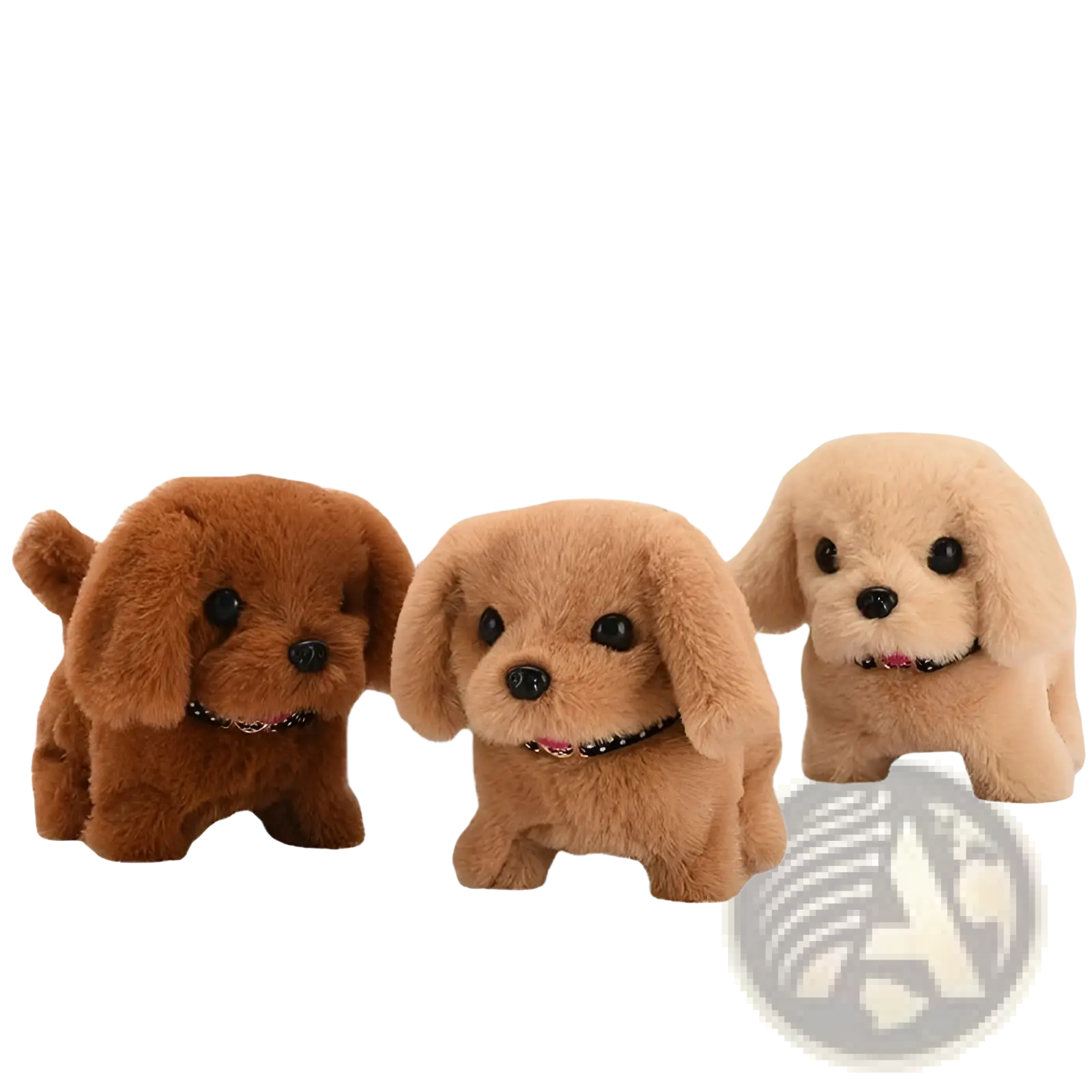 Interactive electric plush dog toy for children featuring three fluffy brown stuffed dogs with black button eyes and noses