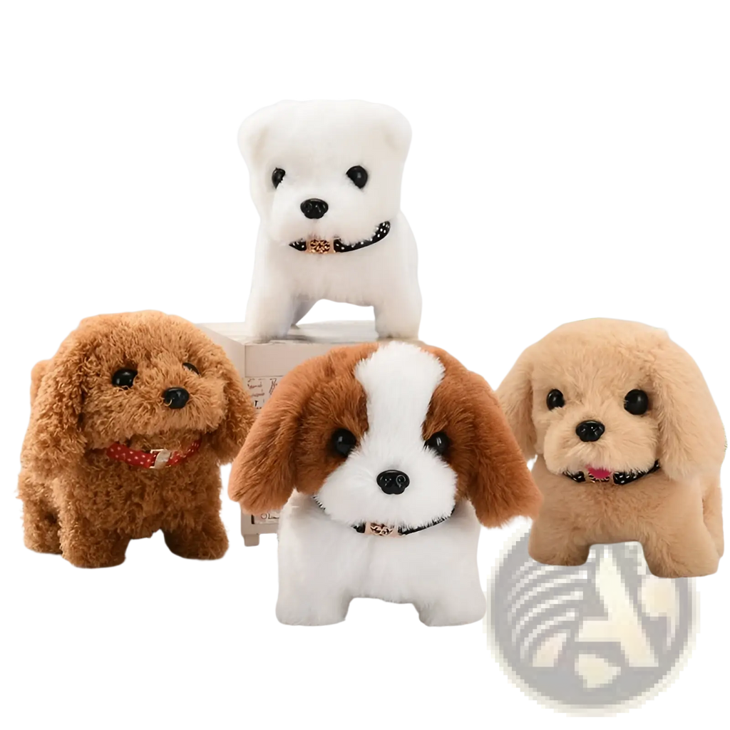 Three interactive electric plush dog toys for children in brown white and tan with soft fluffy fur and decorative collars