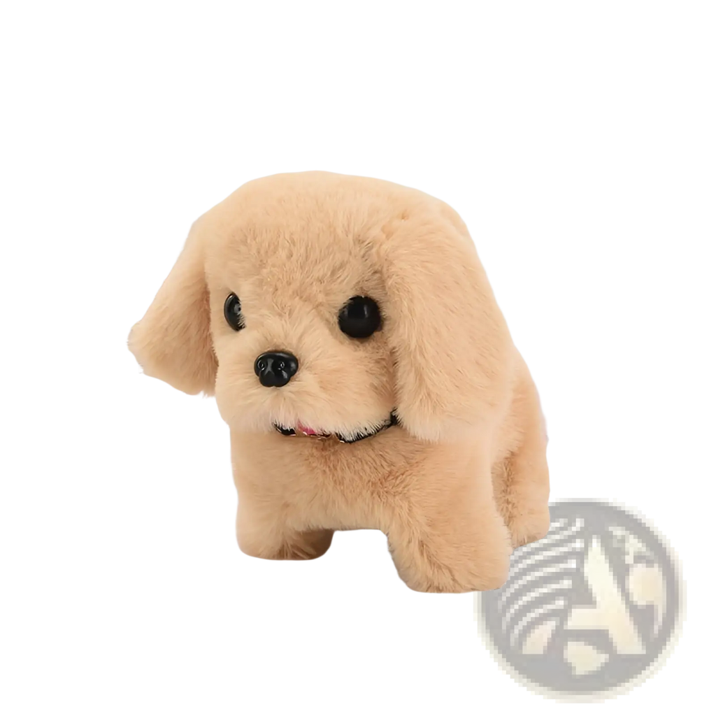 Soft tan plush interactive electric dog toy with black button eyes and nose wearing a red collar for children