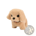 Soft tan plush interactive electric dog toy with black button eyes and nose wearing a red collar for children