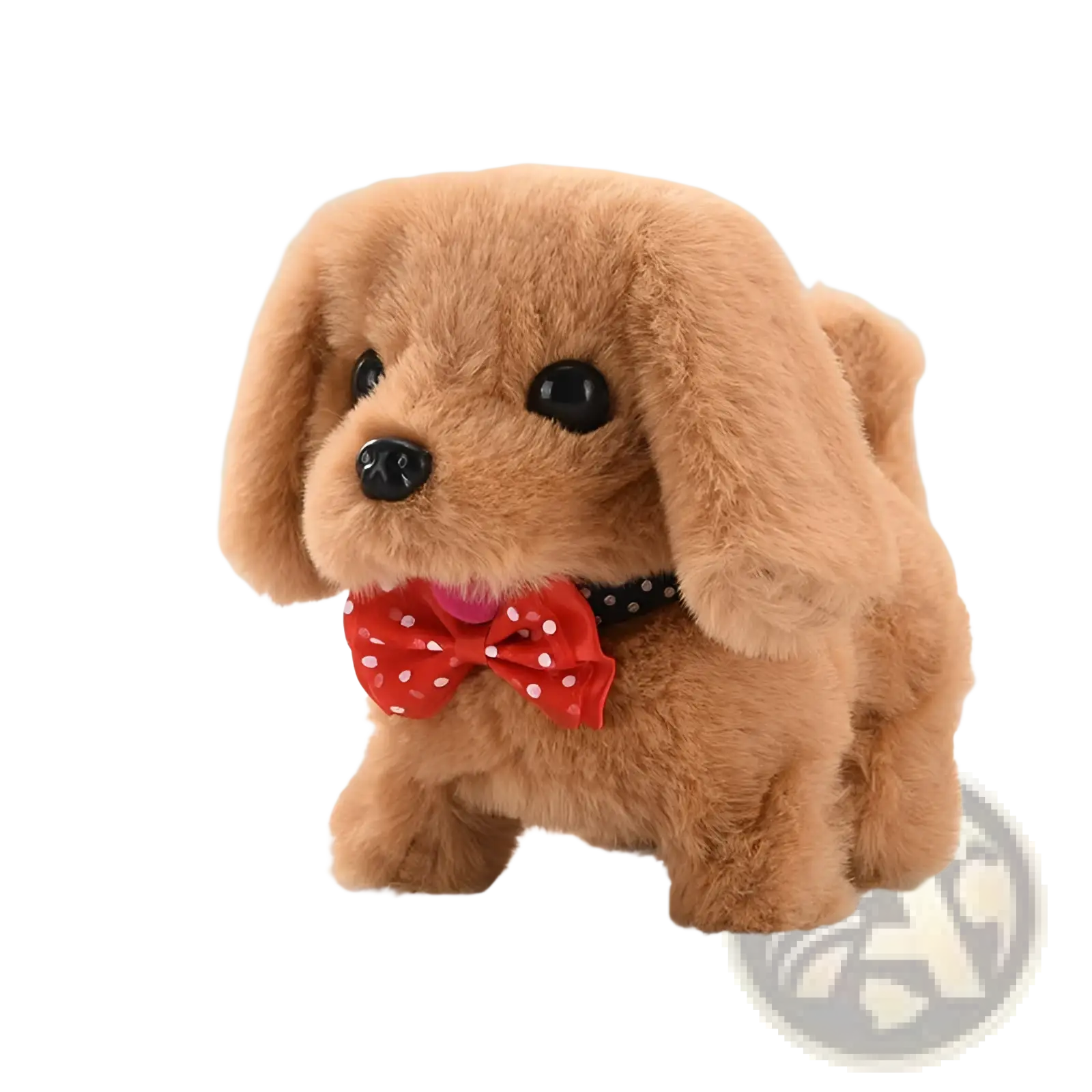 Interactive electric plush dog toy for children in tan with floppy ears and a red polka-dot bow tie