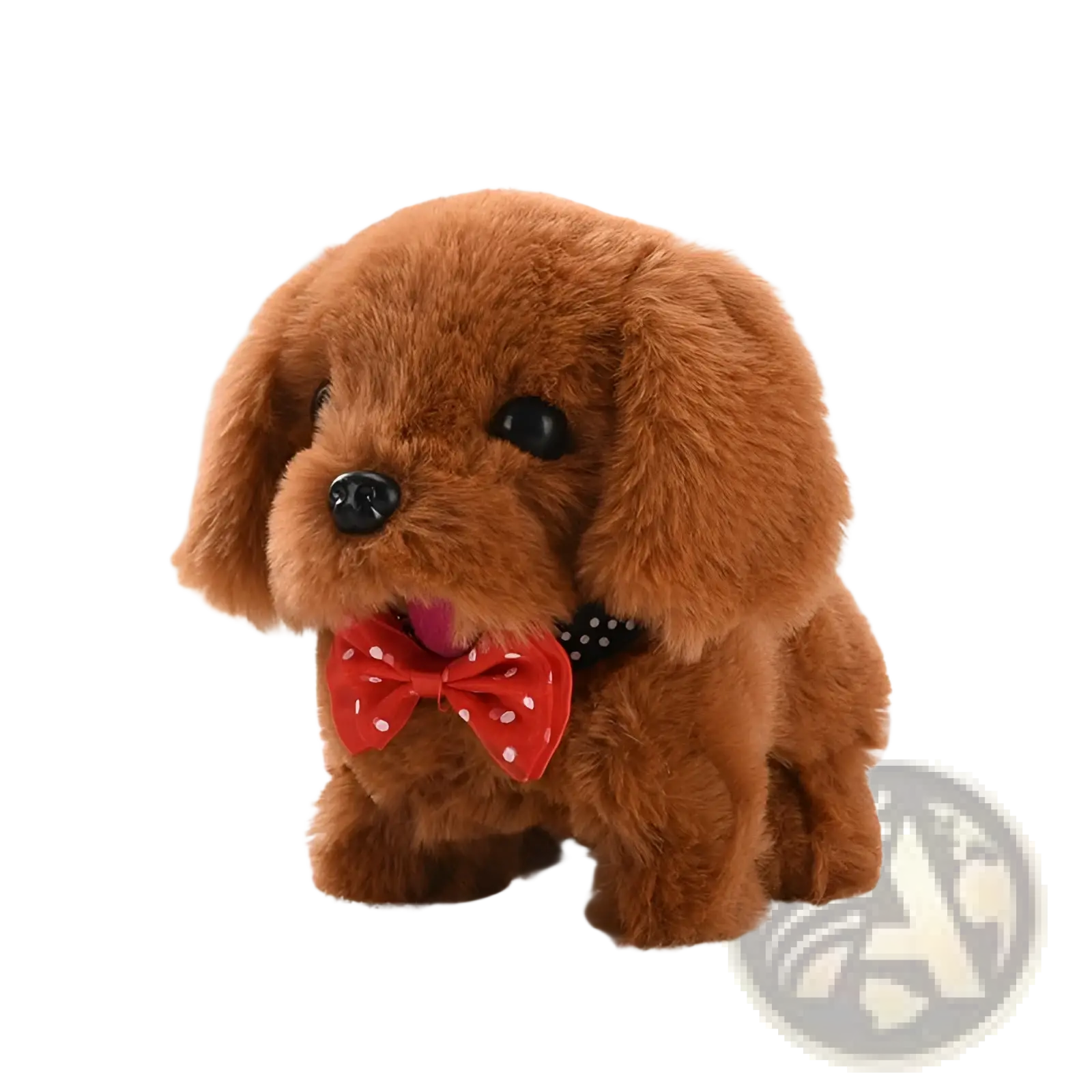 Interactive electric plush brown poodle dog toy for children with floppy ears black button eyes and red polka-dot bow tie