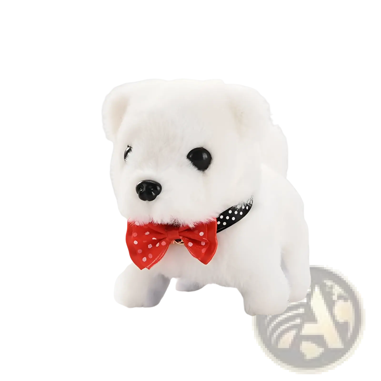 Interactive electric plush dog toy featuring a white plush polar bear with black eyes and a red polka-dot bow tie