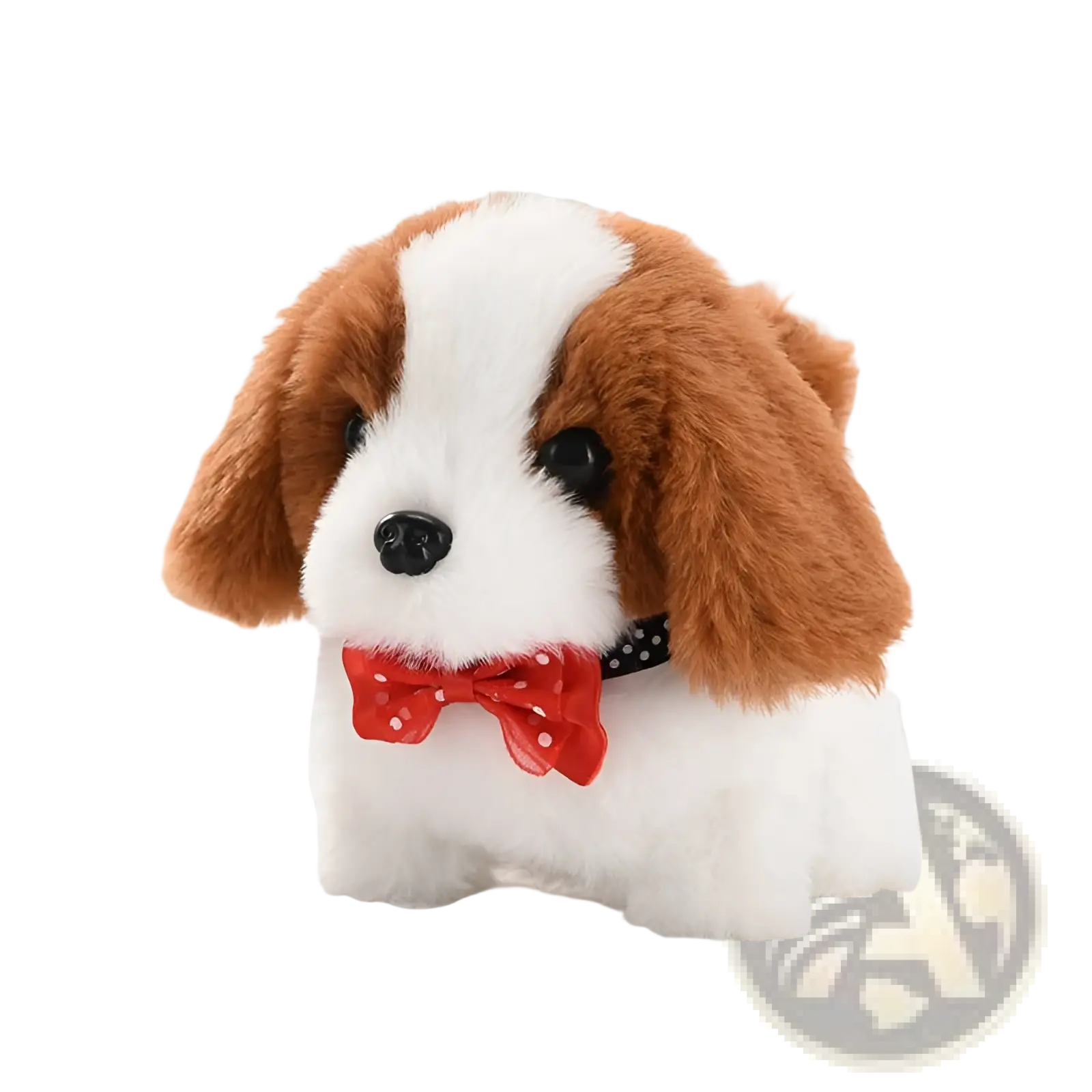 Adorable brown and white plush cavalier king charles spaniel interactive electric dog toy with red polka dot bow tie