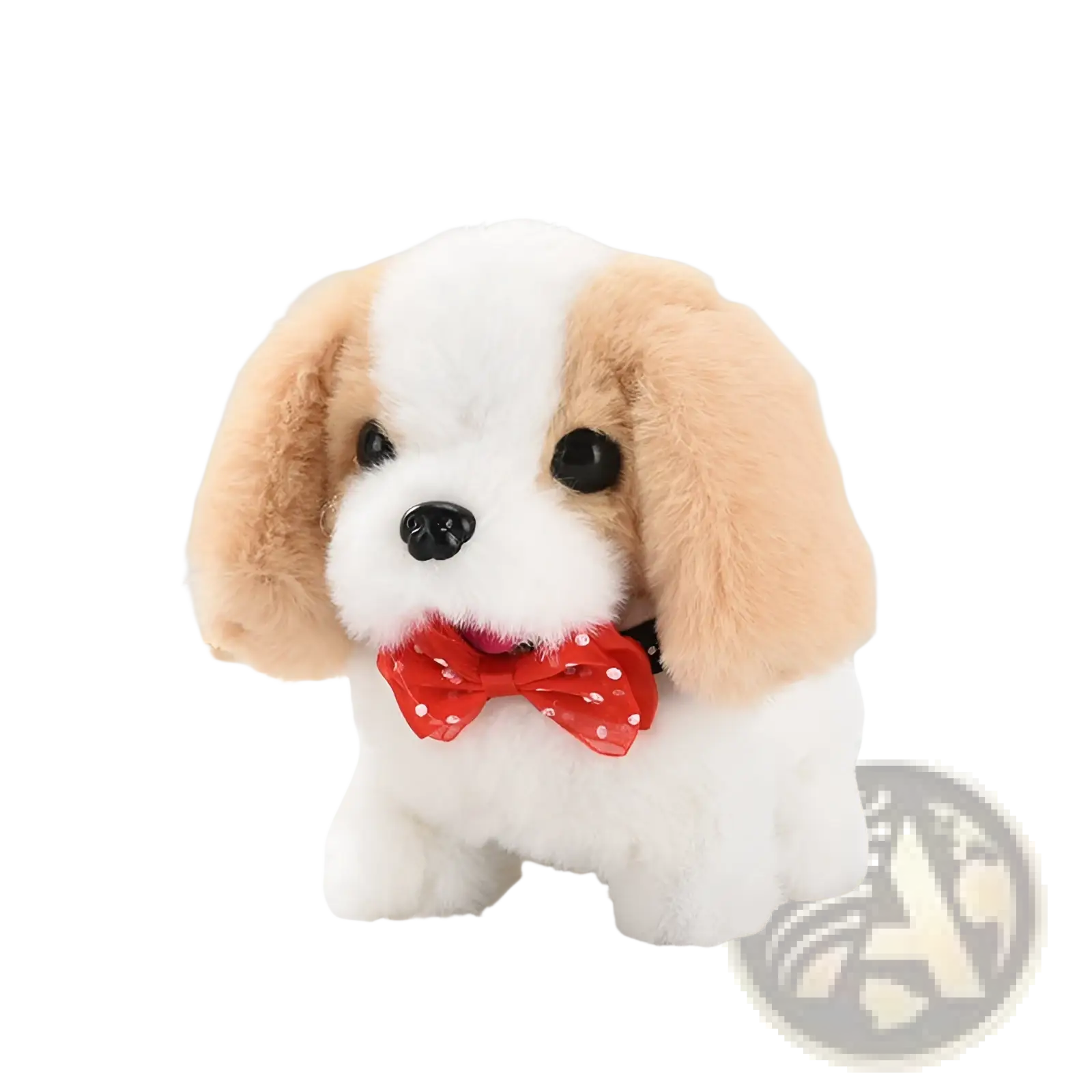 Adorable plush cavalier king charles spaniel interactive electric dog toy with white and tan fur and red polka dot bow tie