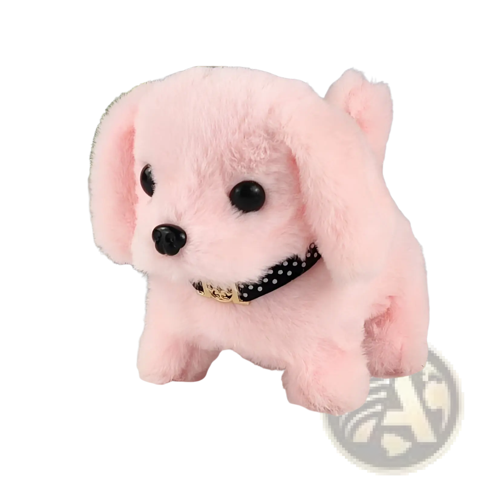 Pink plush interactive electric dog toy for children featuring black polka-dot collar with gold buckle