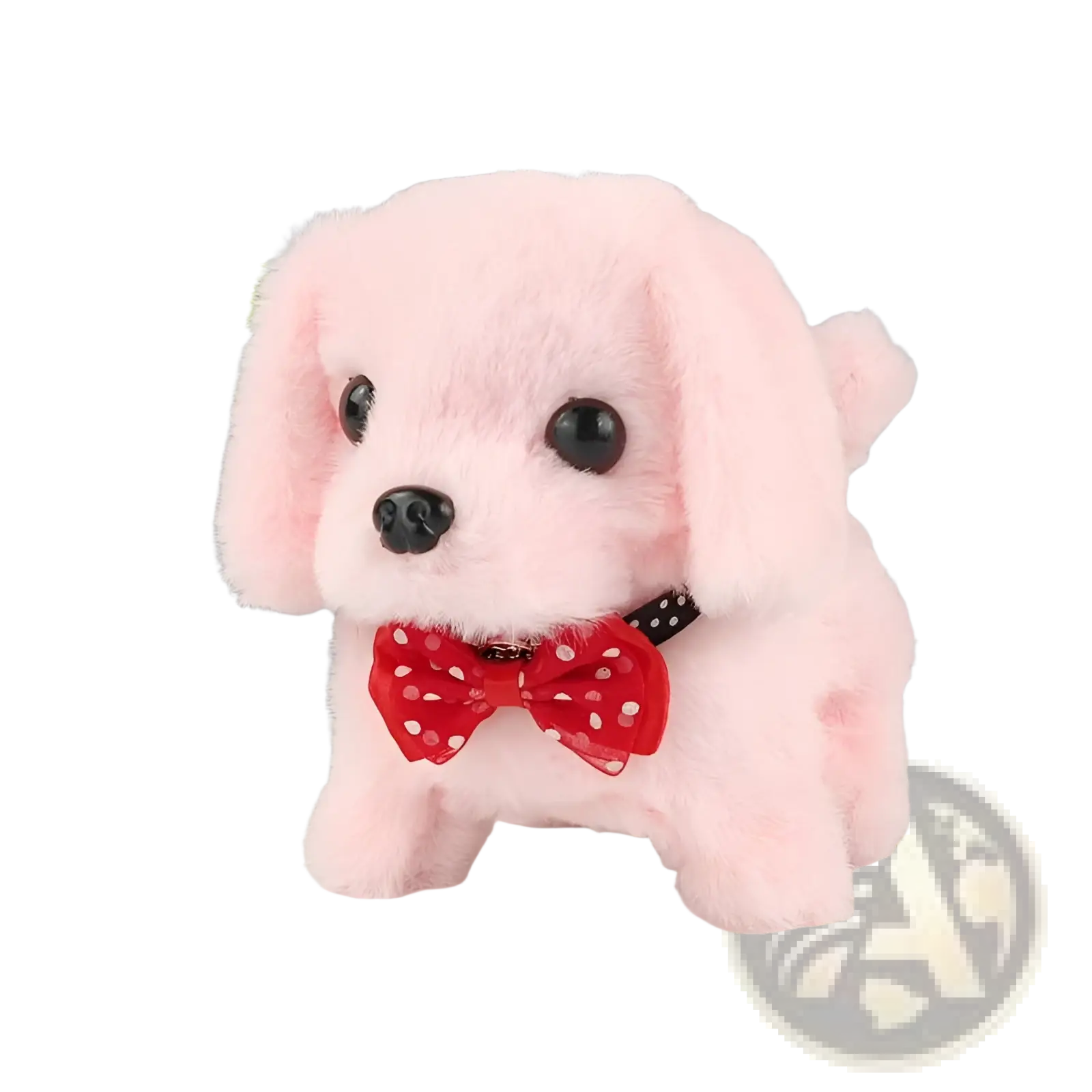 Interactive electric plush dog toy for children in pink with black button eyes and a red polka-dot bow tie