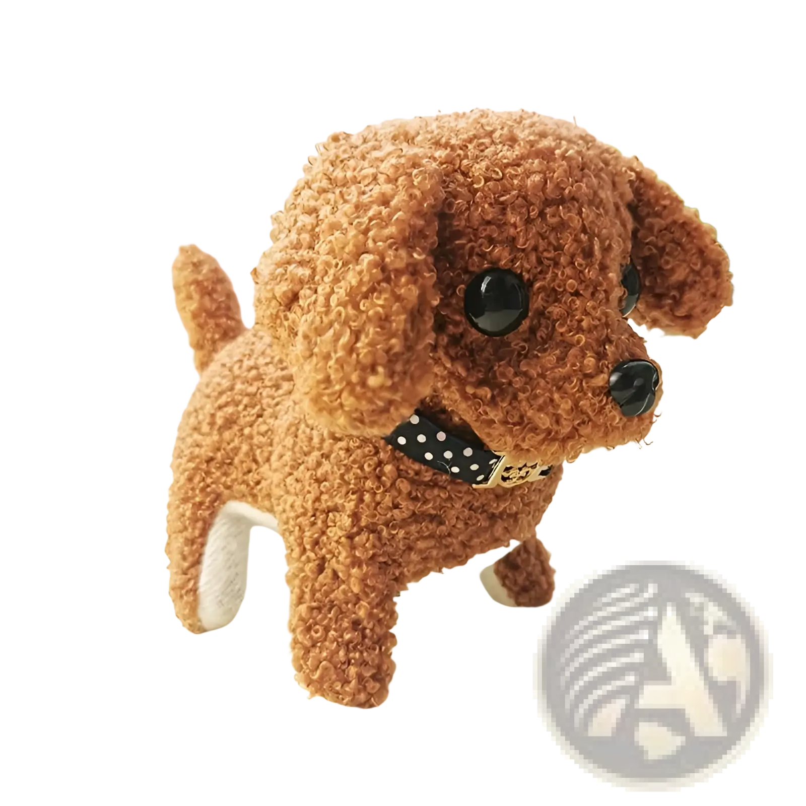 Interactive electric plush dog toy featuring a curly brown fabric puppy with black button eyes and a polka-dotted collar