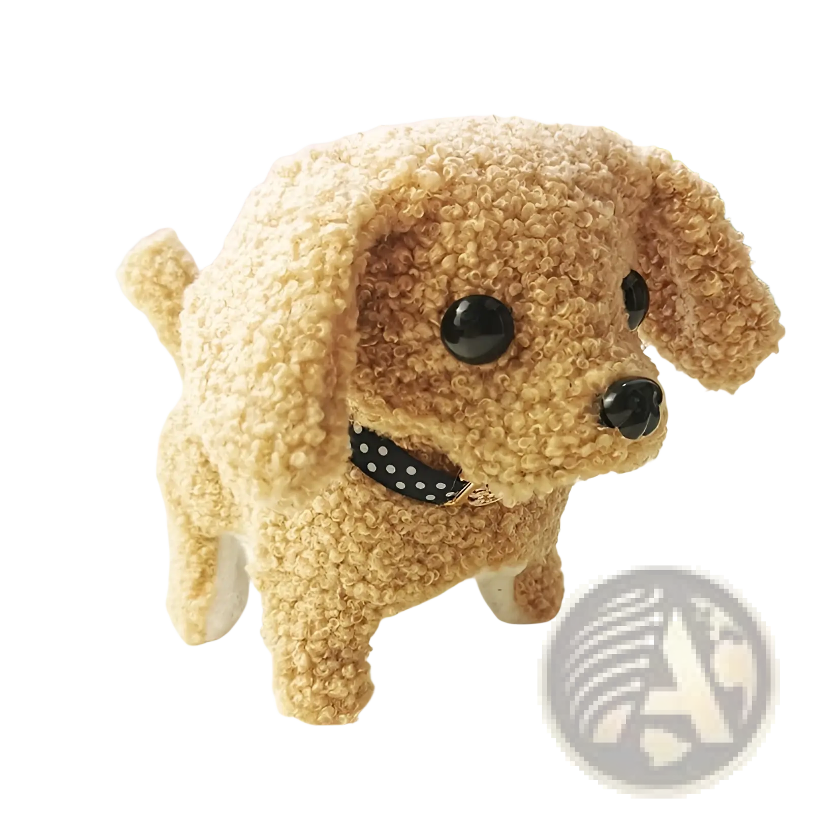 Adorable tan curly-furred interactive electric plush dog toy with black polka-dot collar for children