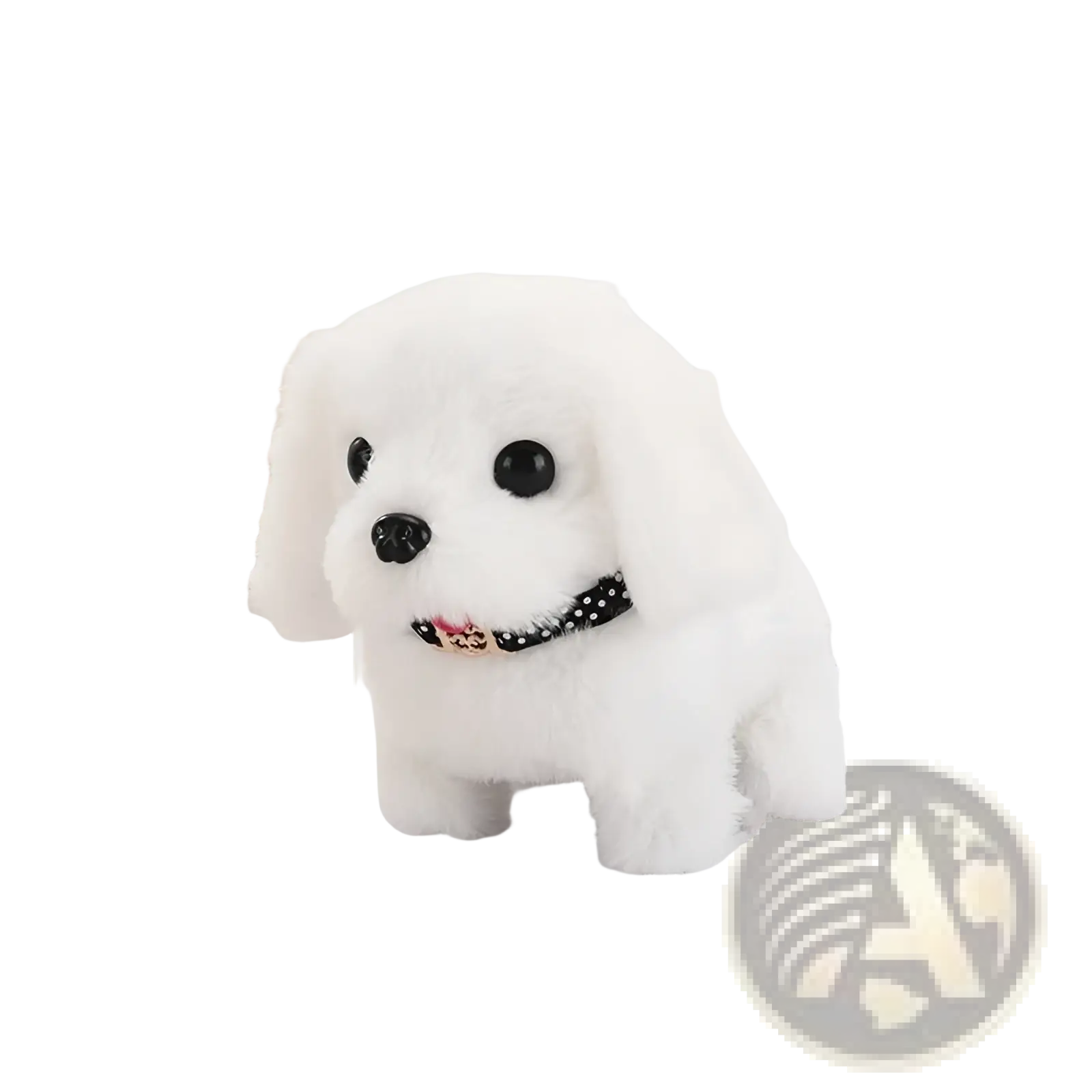 Interactive electric plush dog toy for children featuring a white soft fabric dog with black button eyes and polka-dotted collar