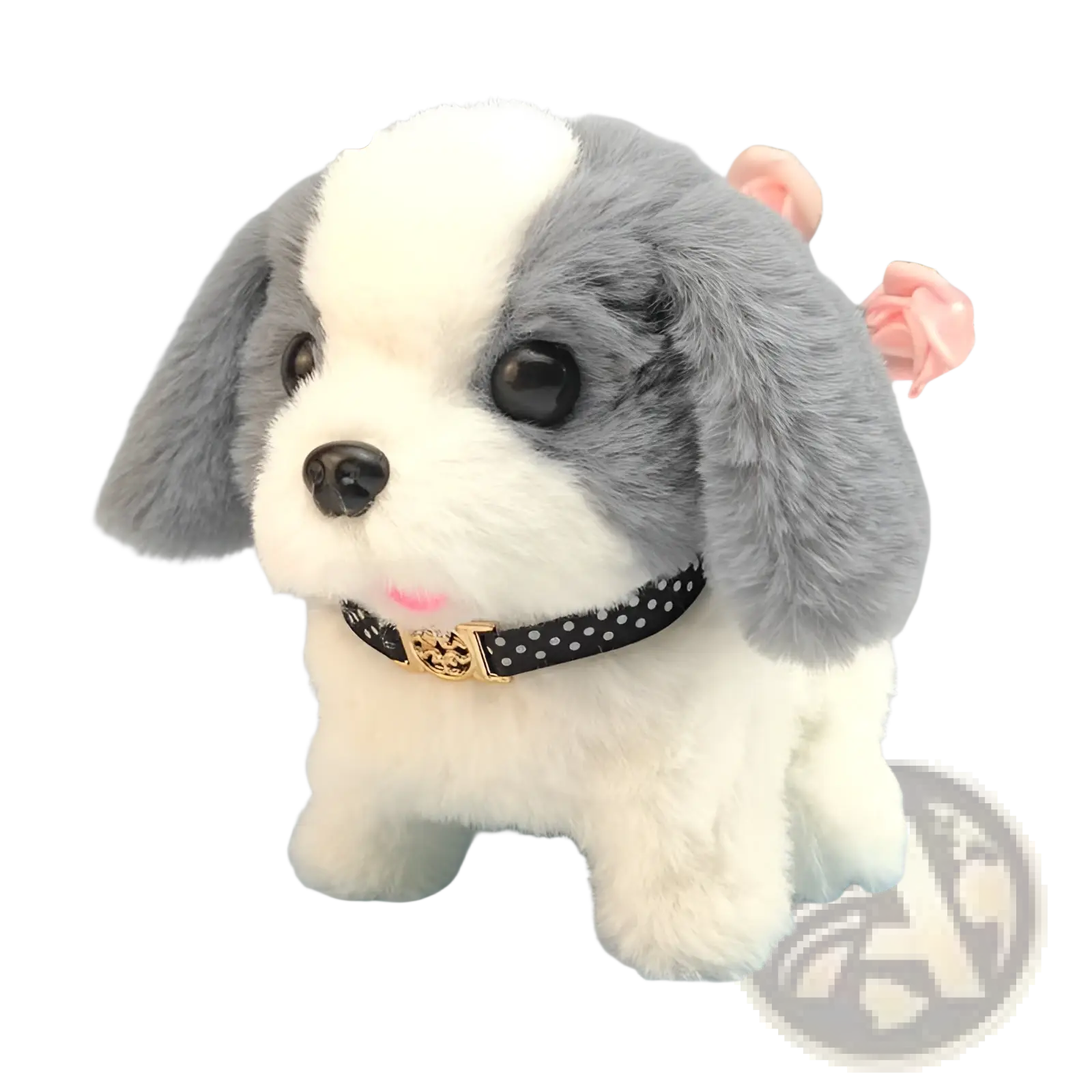 Adorable gray and white plush interactive electric dog toy with black polka-dot collar and gold-tone buckle for children