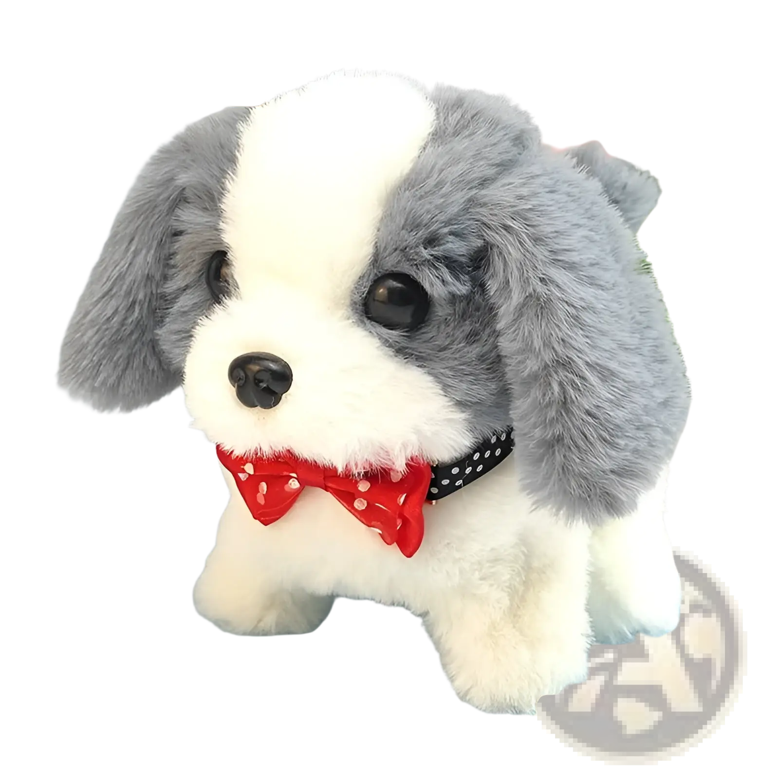 Adorable gray and white interactive electric plush dog toy with red polka-dot bow tie for children