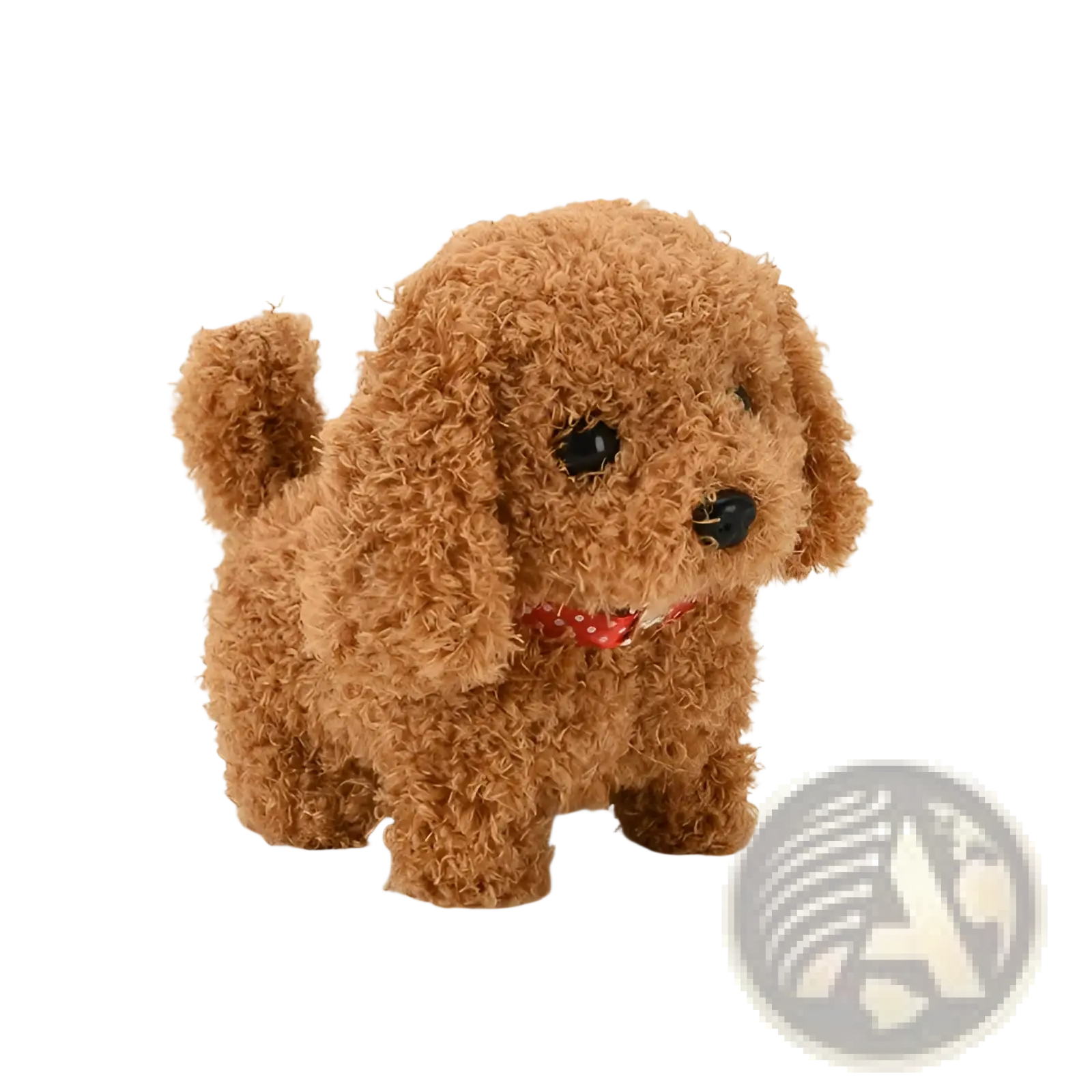 Interactive electric plush dog toy for children featuring a tan curly fur poodle design with a red polka-dot collar