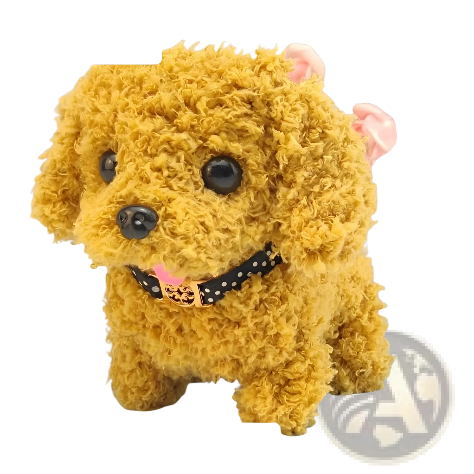 A plush golden-yellow poodle interactive electric dog toy with black button eyes and polka-dotted collar for children