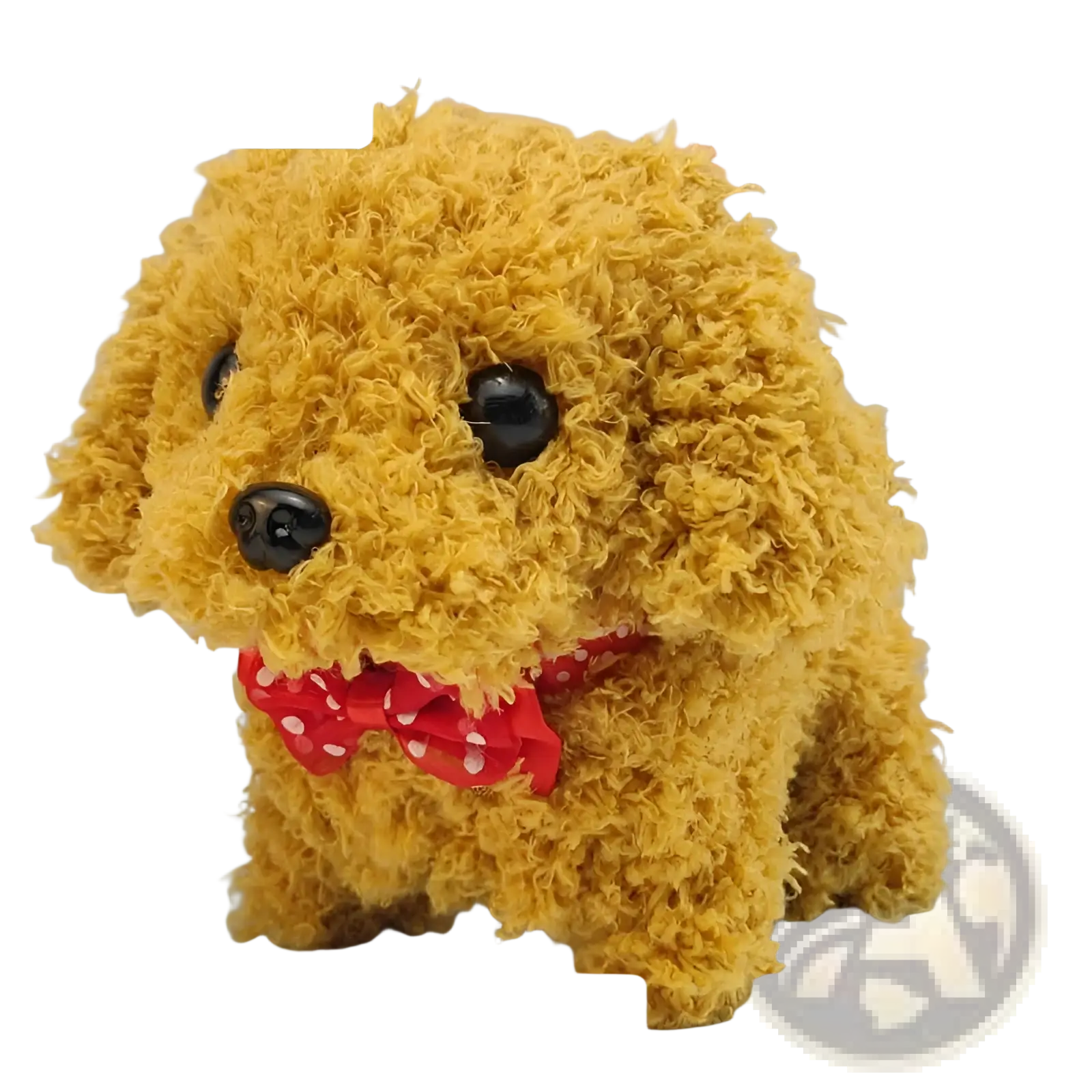 An interactive electric plush golden-yellow poodle dog toy with black button eyes and red polka-dot bow tie for children