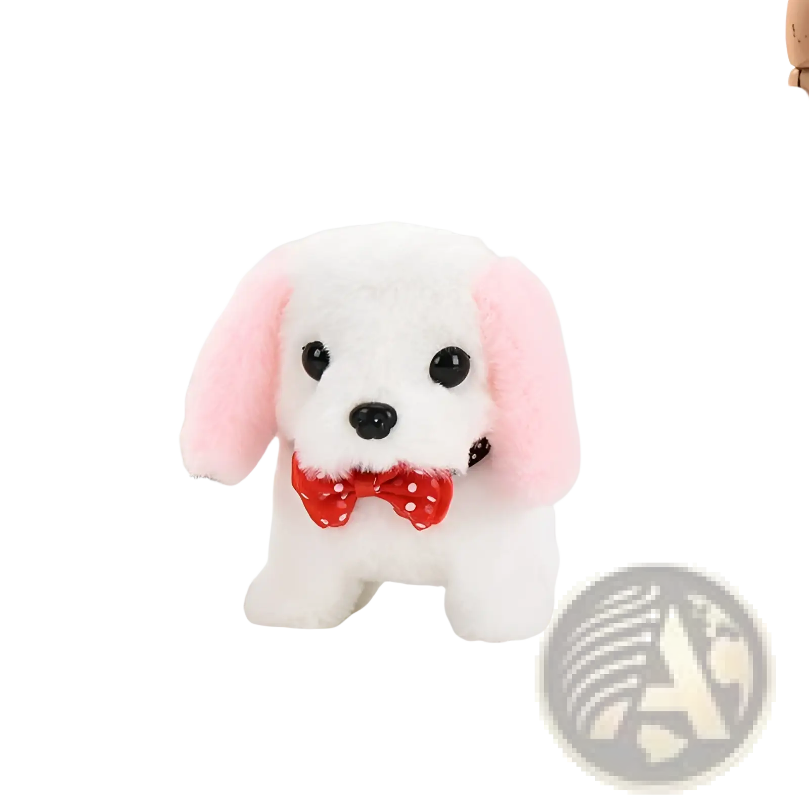 Interactive electric plush dog toy in white with pink floppy ears and a red polka-dot bow tie for children