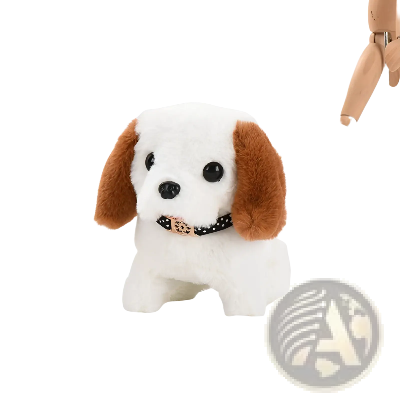 Interactive electric plush dog toy for children featuring a white and brown soft puppy with floppy ears and a decorative collar