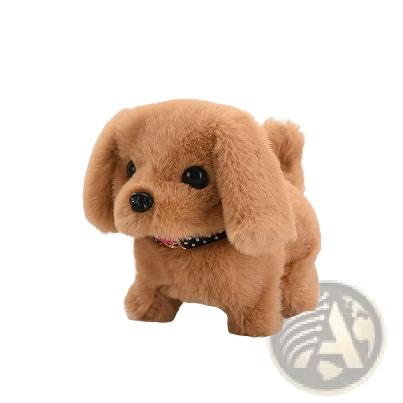 Interactive electric plush dog toy for children in tan color with floppy ears and a black polka-dotted collar