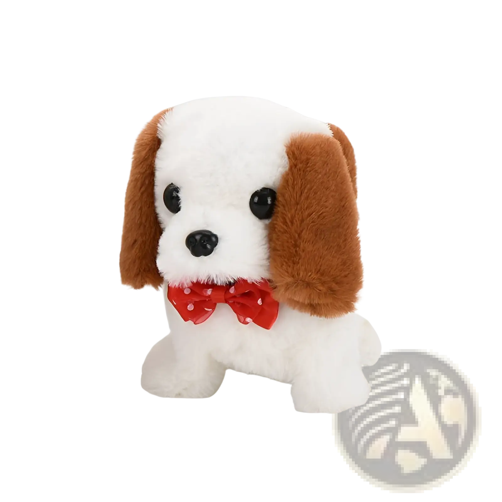 Interactive electric plush dog toy for children featuring an adorable white and brown fabric puppy with floppy ears and red polka-dot bow tie