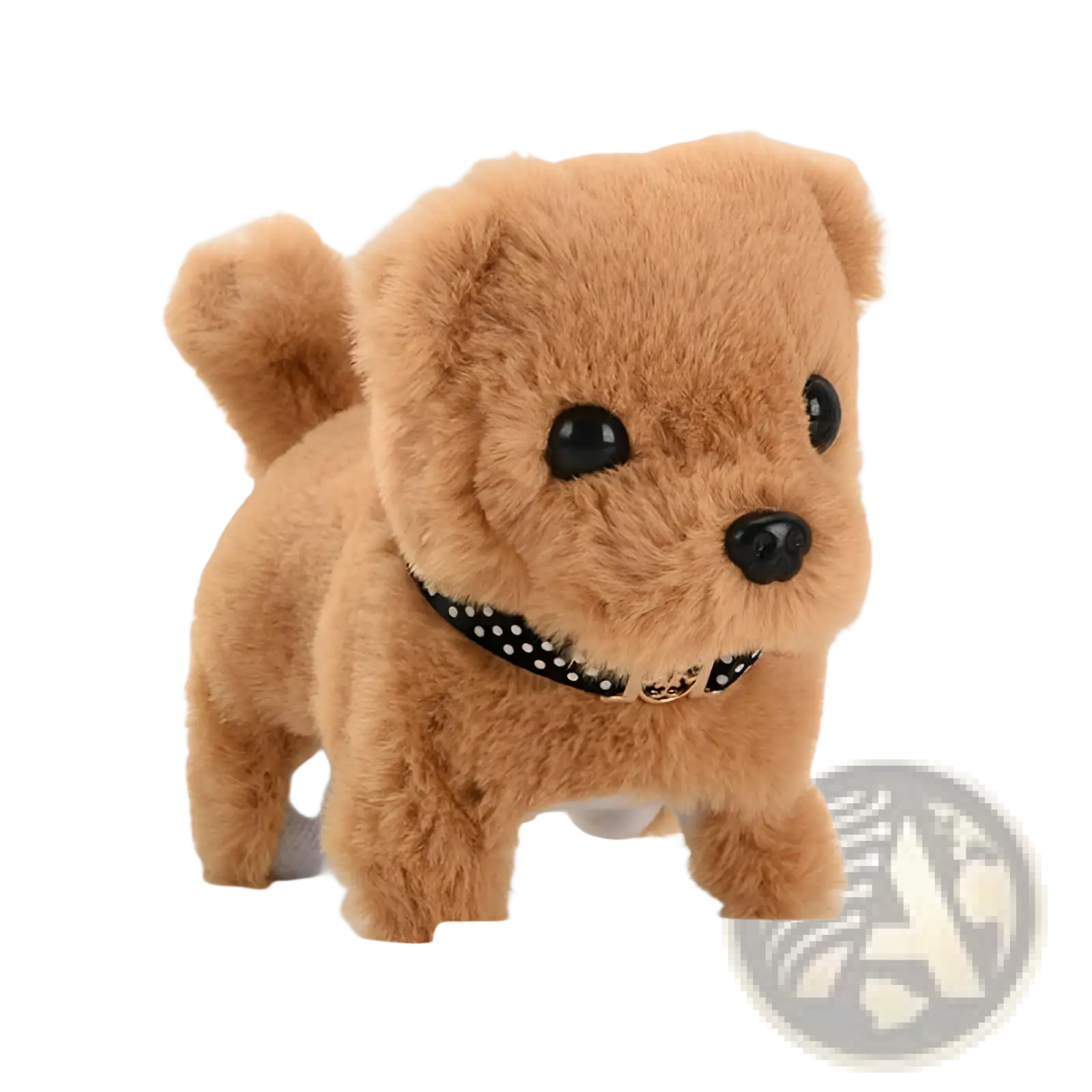 Interactive electric plush dog toy for children tan color with black button eyes and polka-dotted collar