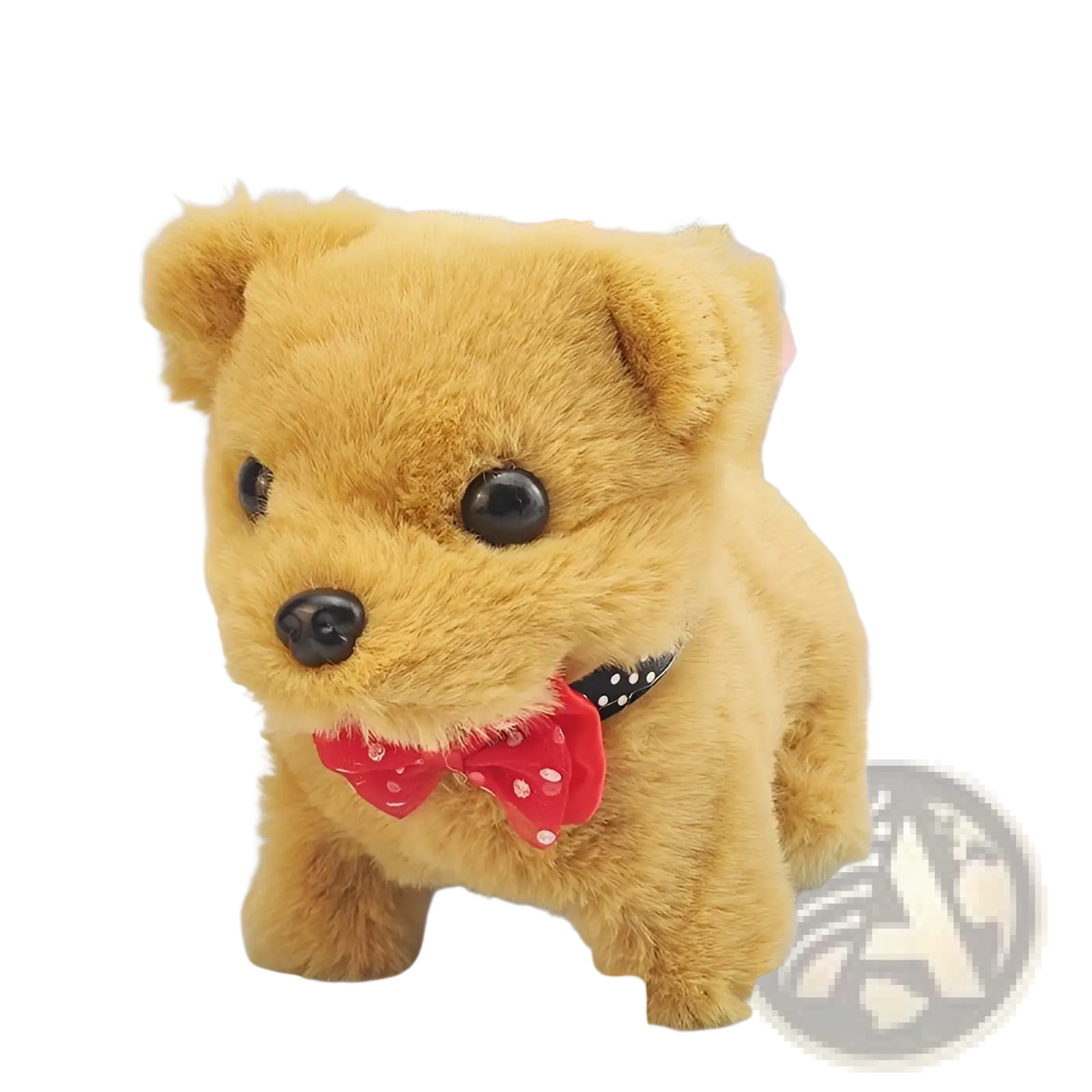 Interactive electric plush dog toy featuring a tan-colored teddy bear with black button eyes and red polka-dot bow tie
