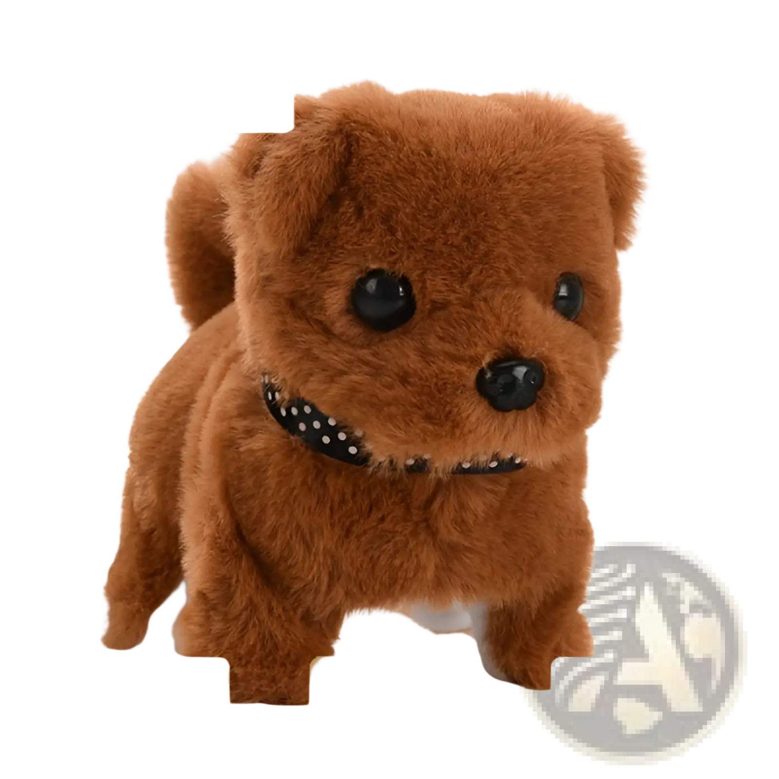 Interactive electric plush dog toy in brown with black button eyes and polka-dotted collar for children