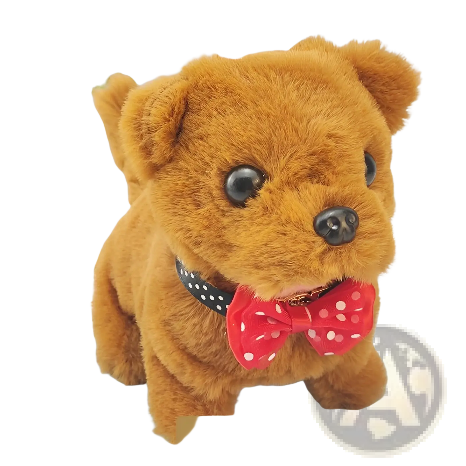 Interactive electric plush dog toy in brown with black button eyes and red polka-dot bow tie for children