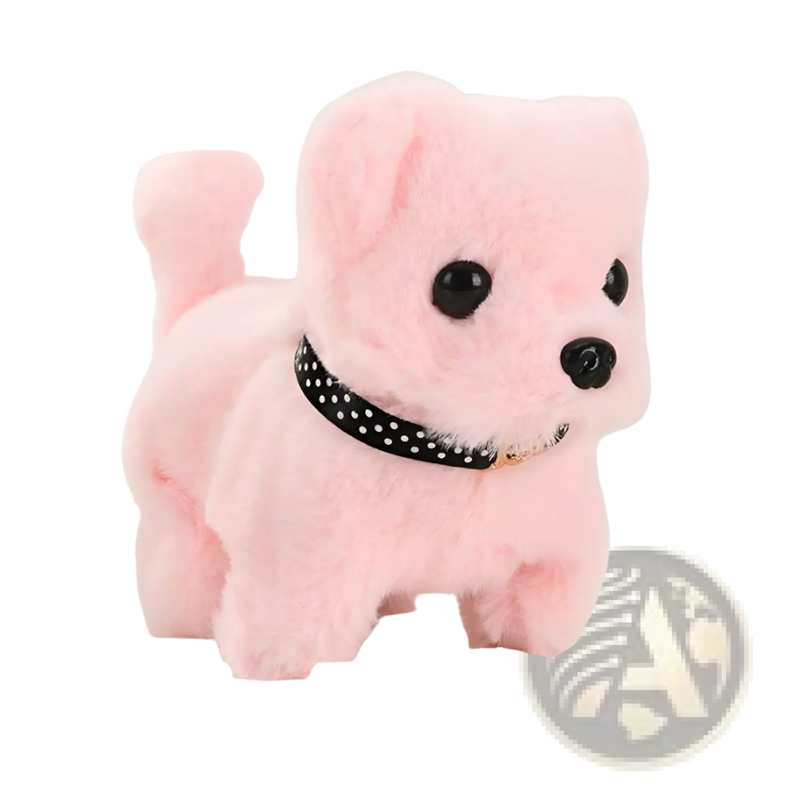 Interactive electric plush dog toy for children in pink with black polka-dot collar and shiny black eyes