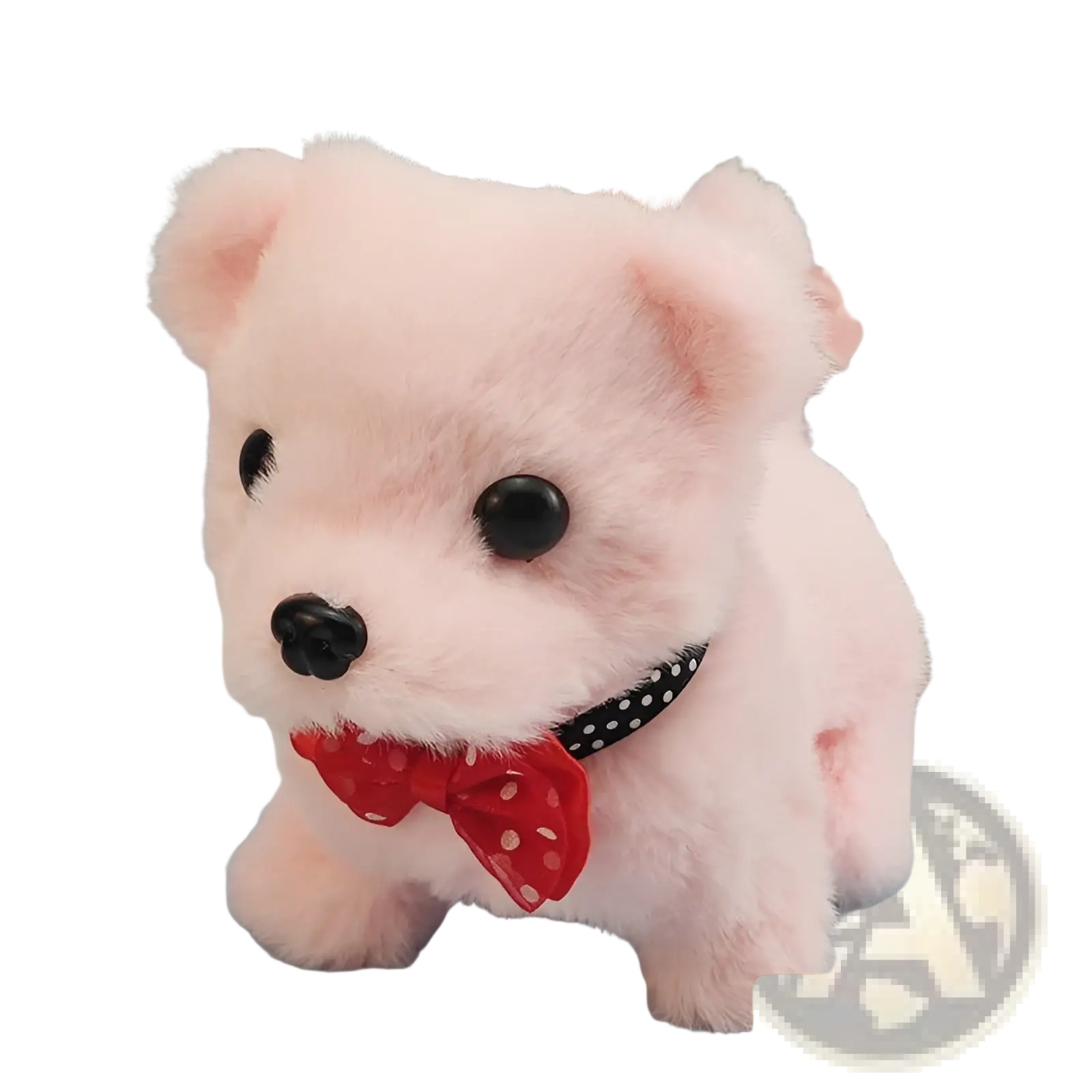 Interactive electric plush dog toy in pink with black button eyes and a red polka-dot bow tie for children