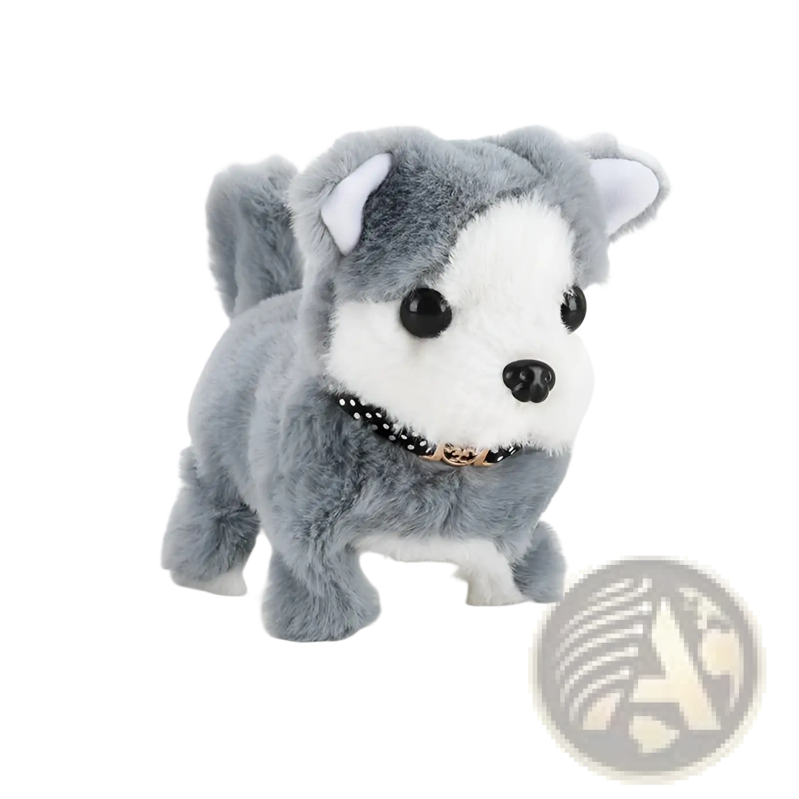 Interactive electric plush dog toy in gray and white husky design with black button eyes and polka-dotted collar for children