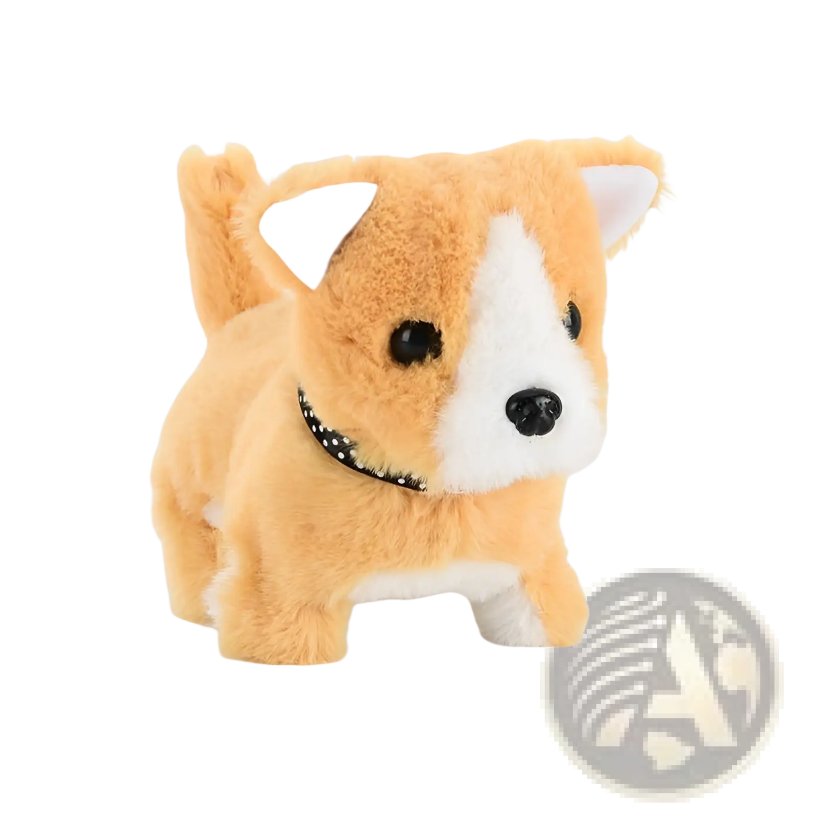 Interactive electric plush dog toy for children featuring a tan and white corgi with black button eyes and polka-dotted collar