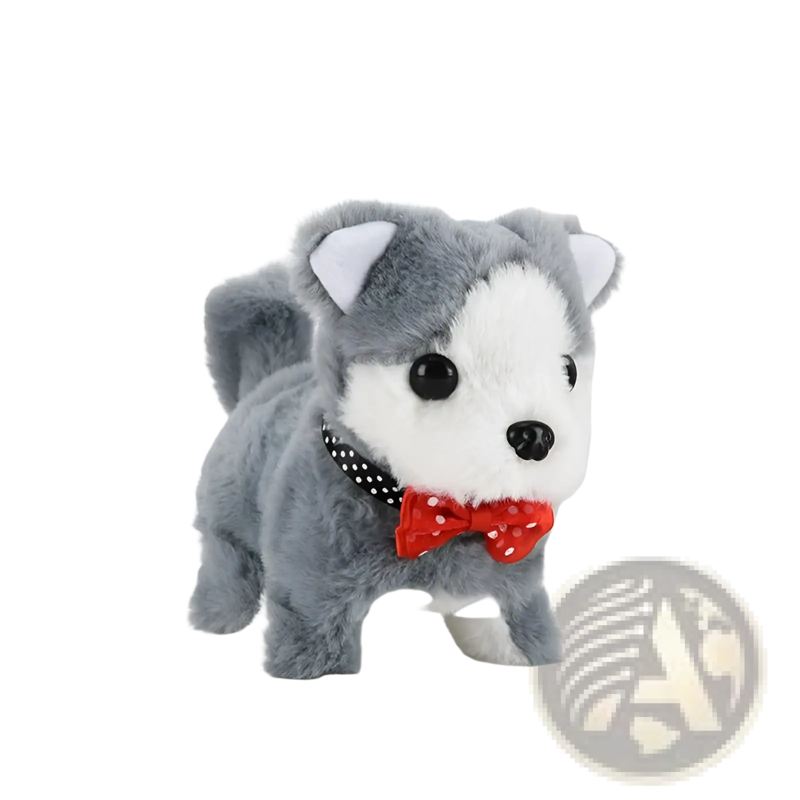 Gray and white plush interactive electric husky puppy toy with black button eyes, red polka-dot bow tie, and dotted collar