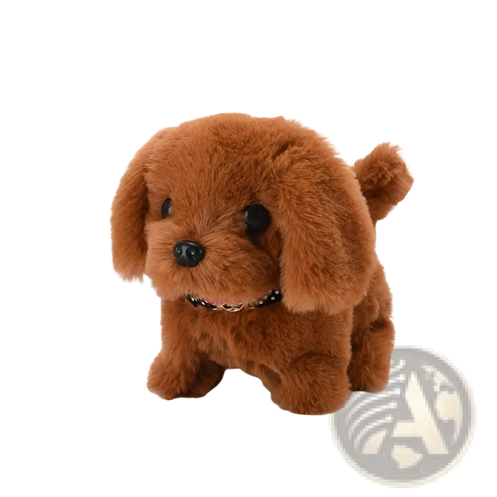 Interactive electric plush dog toy in brown shaped like a poodle with black button eyes and a shiny black nose