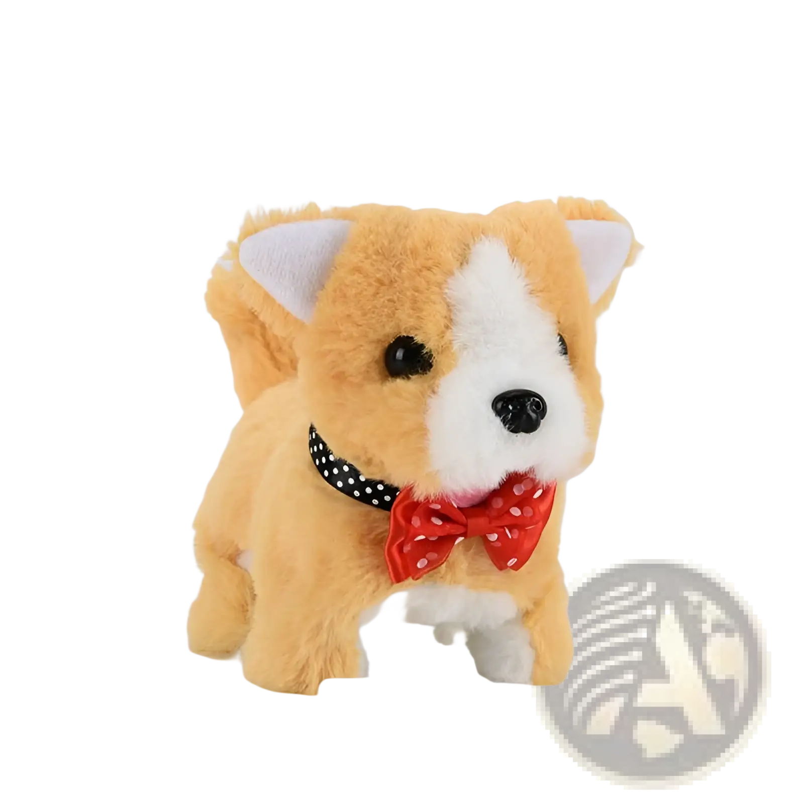 Interactive electric plush corgi dog toy in tan and white with black button eyes and a red bow tie for children