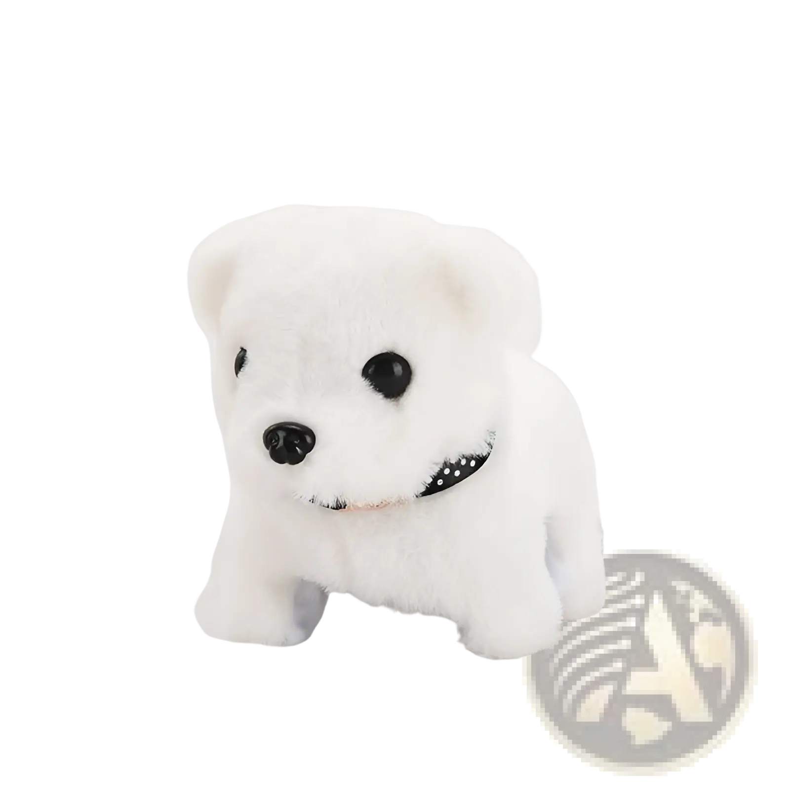 Interactive electric plush dog toy for children in white with black button eyes, black nose, and dotted collar