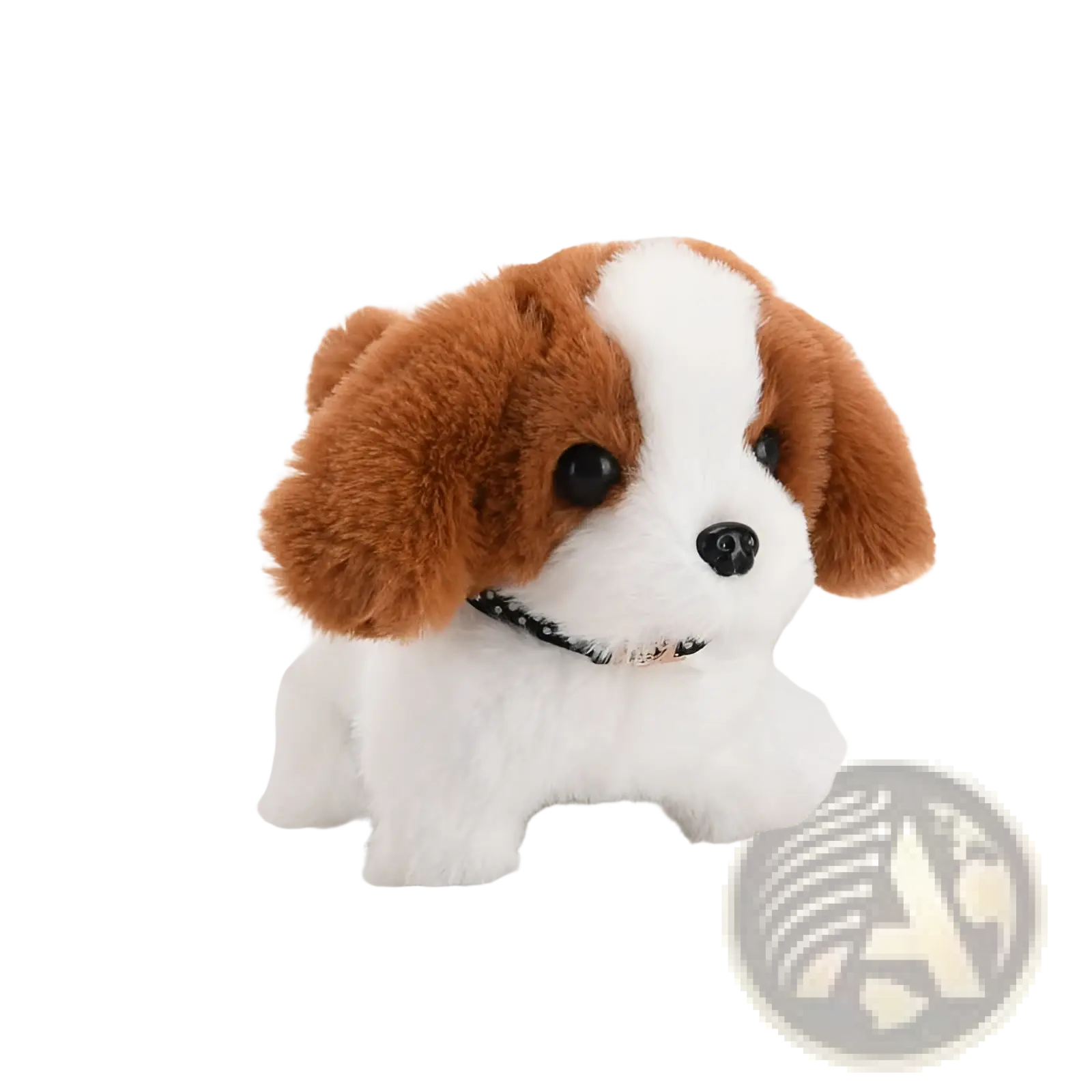 Adorable brown and white interactive electric plush dog toy with floppy ears and decorative collar for children