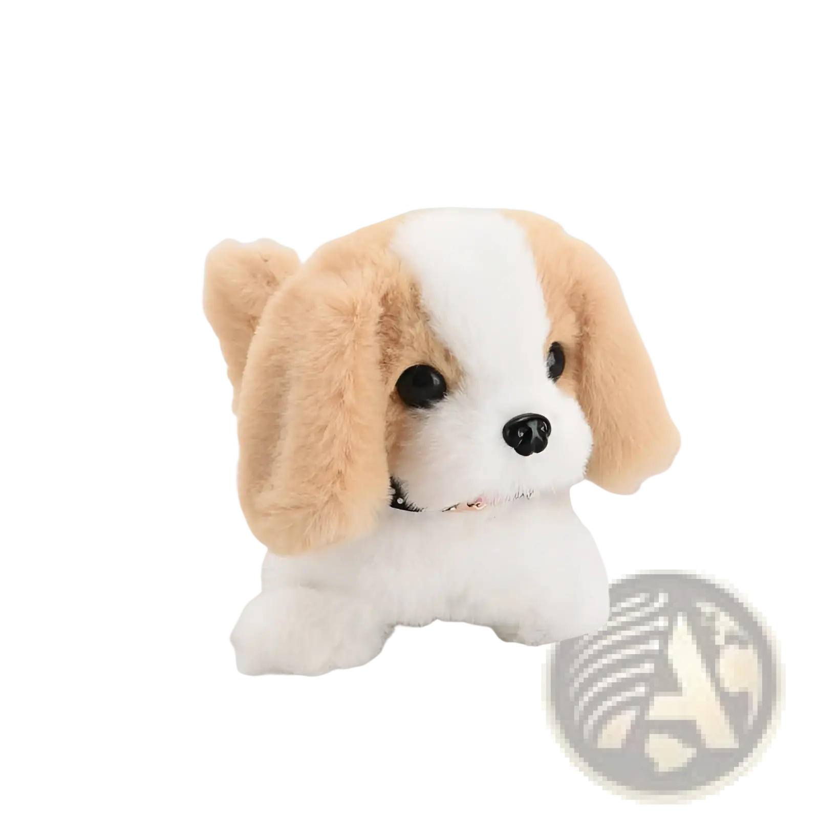 Interactive electric plush dog toy for children with soft white and tan fur, black button eyes, and a tiny pink collar