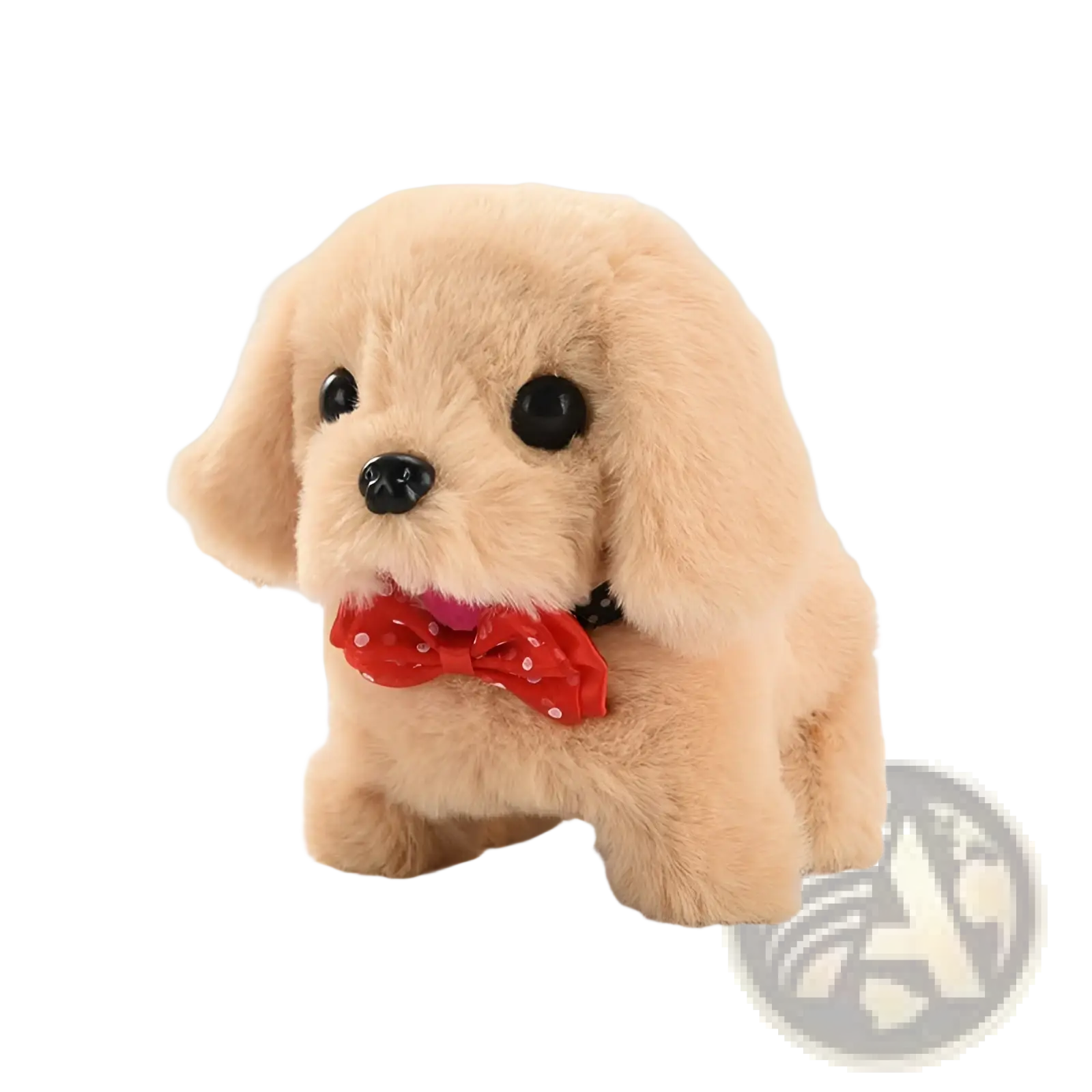 Interactive electric plush dog toy in tan with black button eyes and a red polka-dot bow tie for children